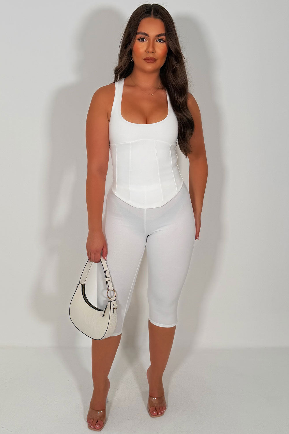 white capri pants and corset crop top two piece co ord set styledup