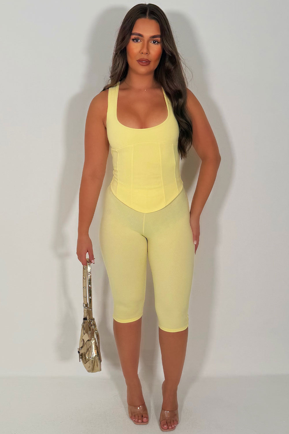 yellow capri pants and corset crop top two piece co ord set styledup