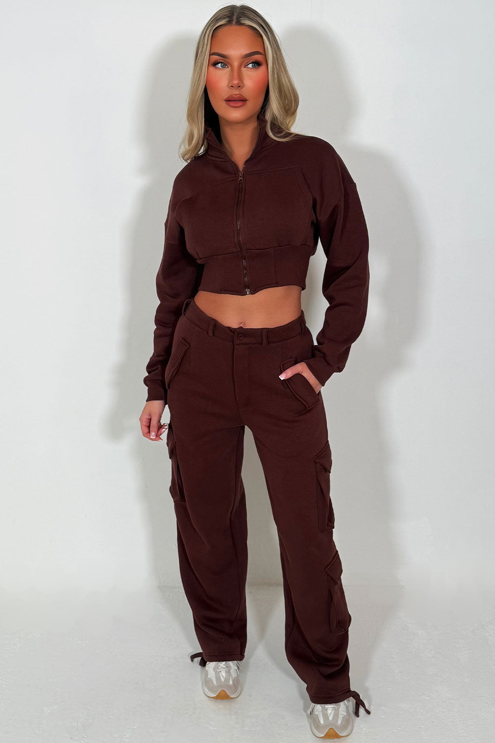 womens cargo joggers and crop zip up sweatshirt two piece lounge set styledup