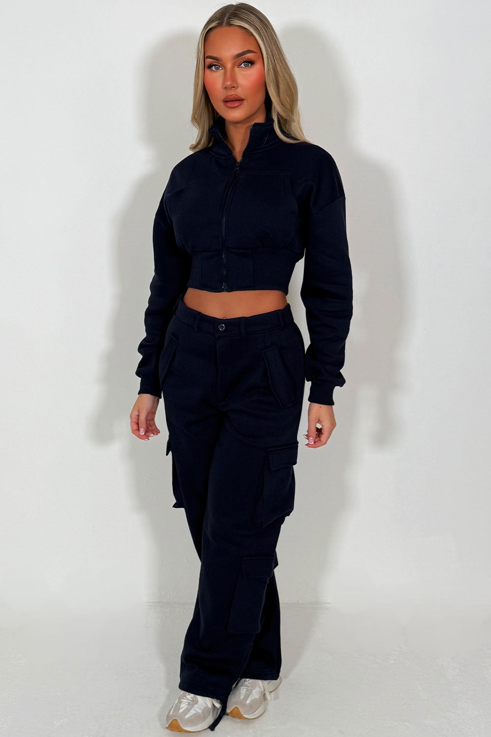 womens crop zip through sweatshirt and cargo joggers two piece co ord lounge set casual daily comfy outfit styledup