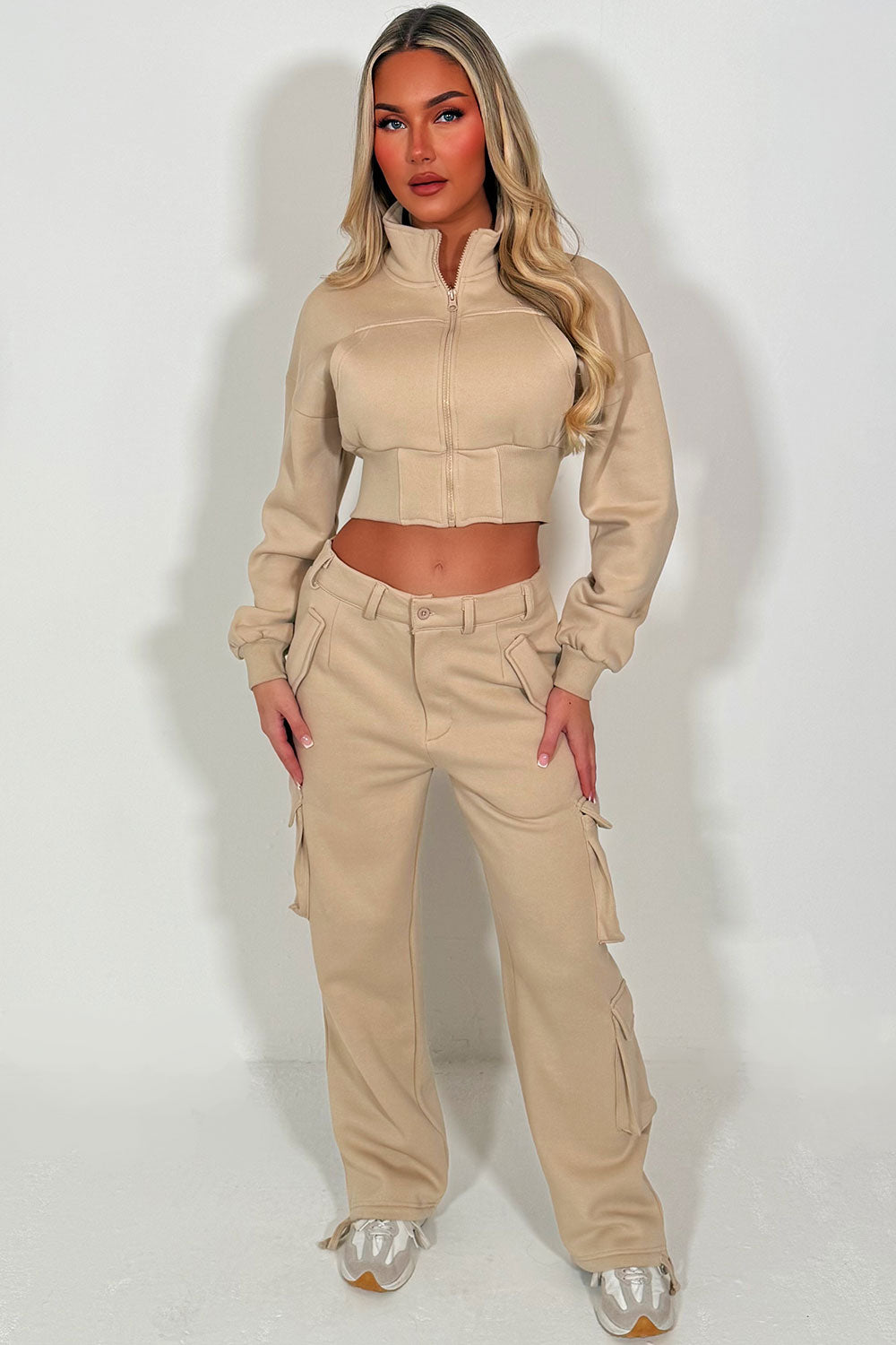womens crop sweatshirt and joggers cargo lounge set styledup sale