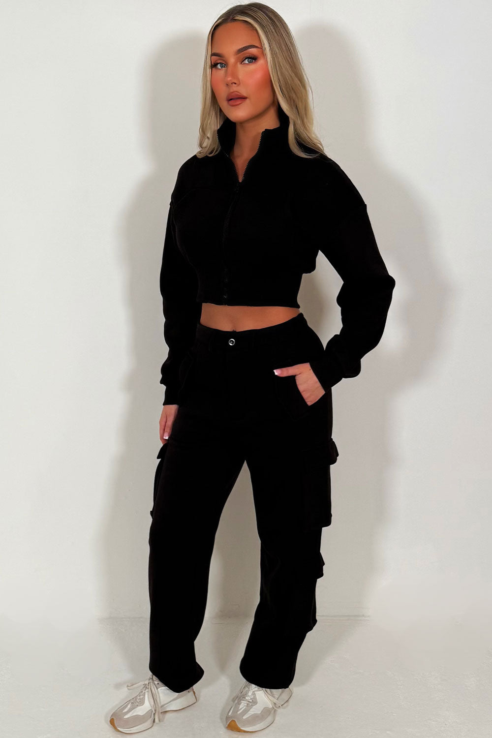 womens crop sweatshirt and joggers cargo lounge set styledup sale