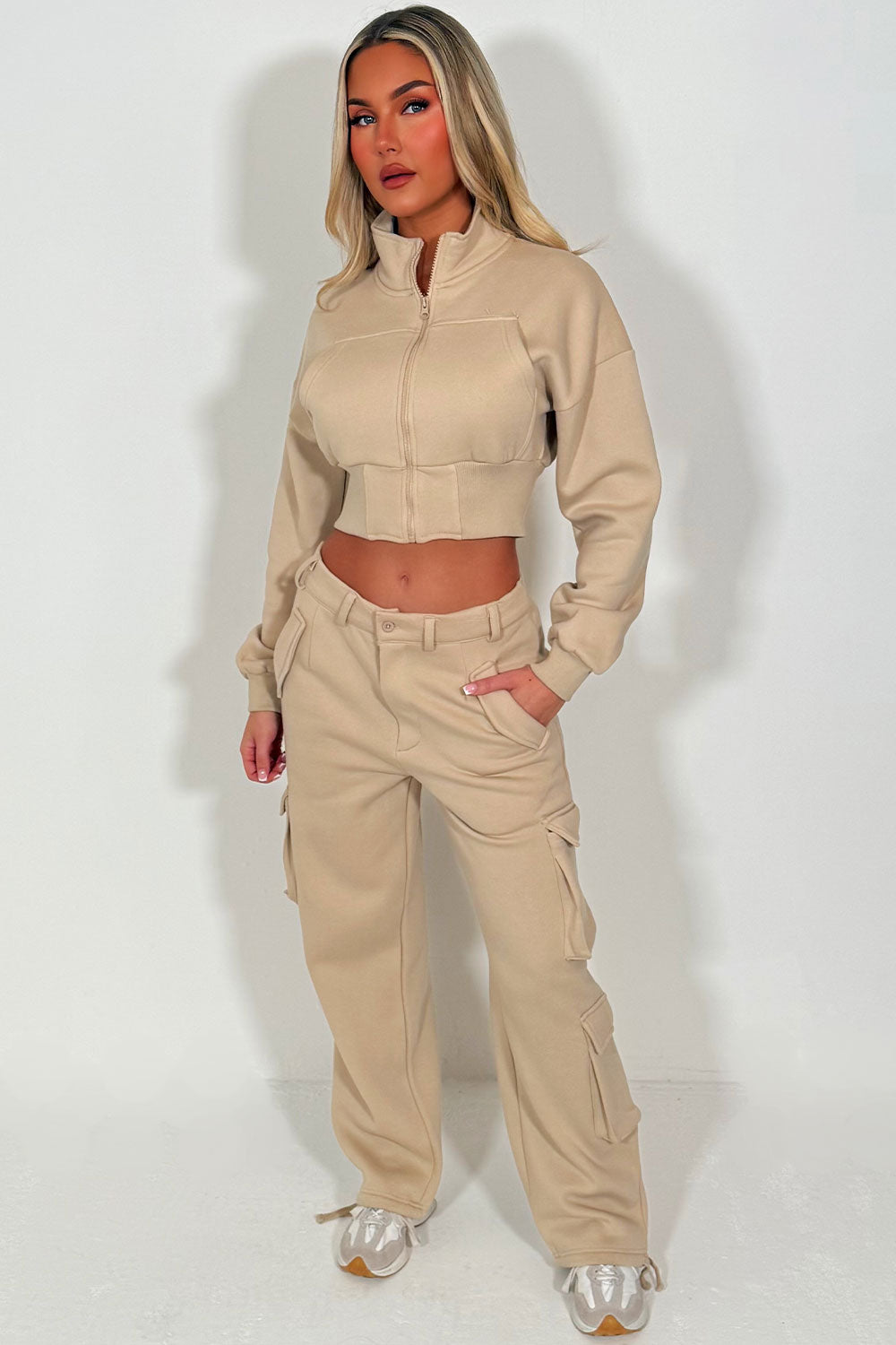 womens cargo joggers and zip through crop sweatshirt two piece loungewear co ord set styledup