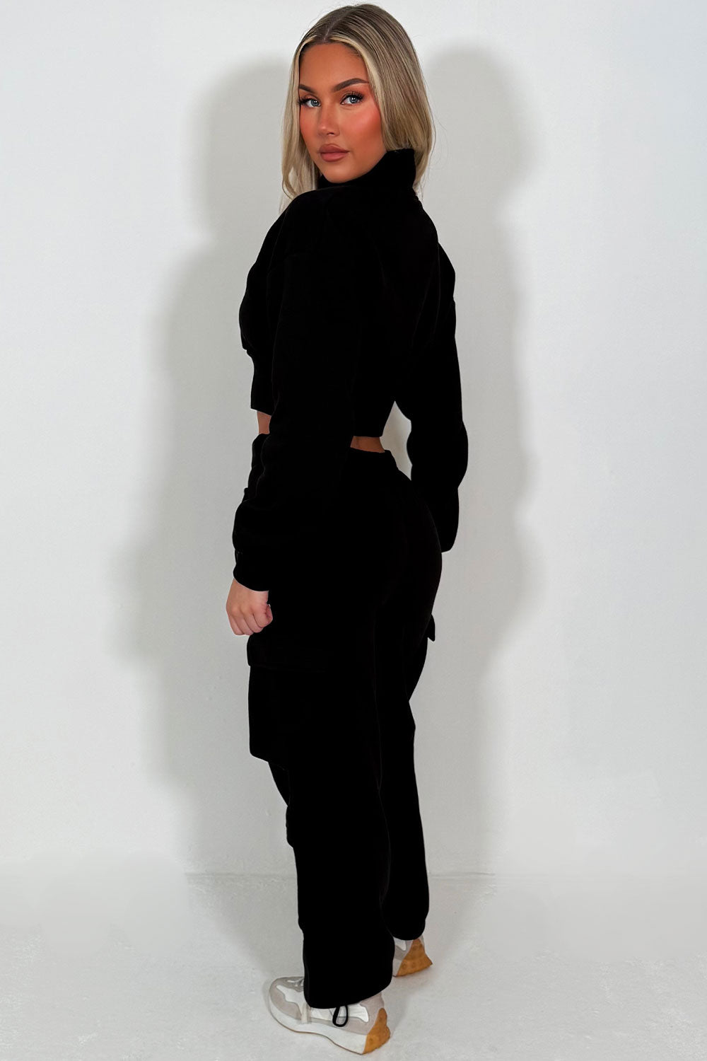 womens cargo joggers and zip through crop sweatshirt two piece loungewear co ord set styledup