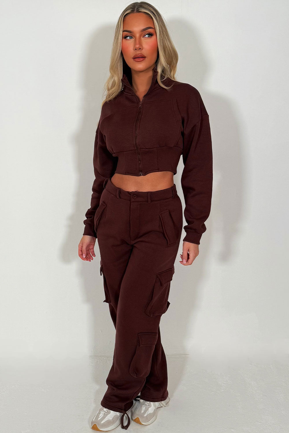 womens cargo joggers and crop zip up sweatshirt loungewear set styledup