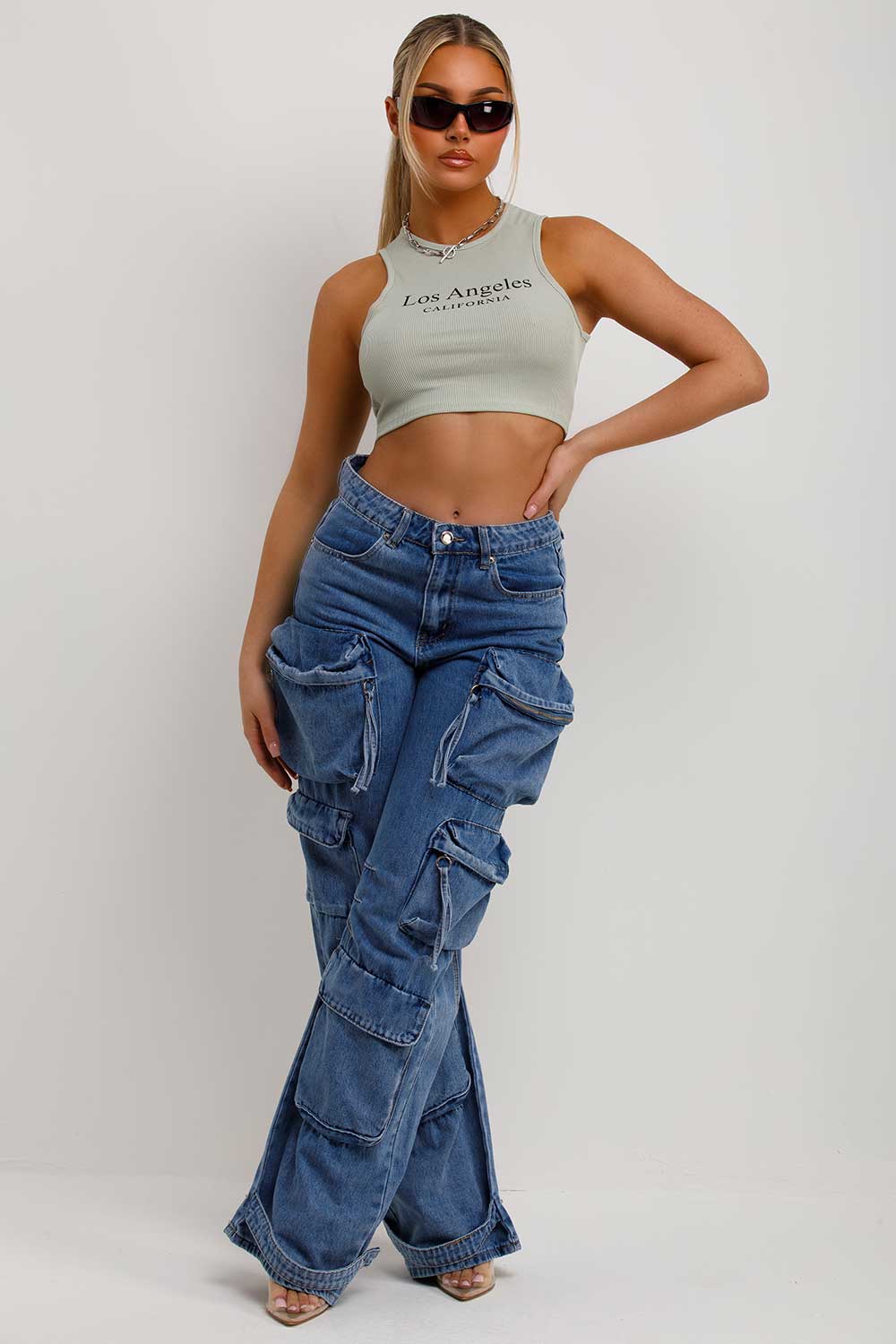 wide leg cargo jeans denim blue womens