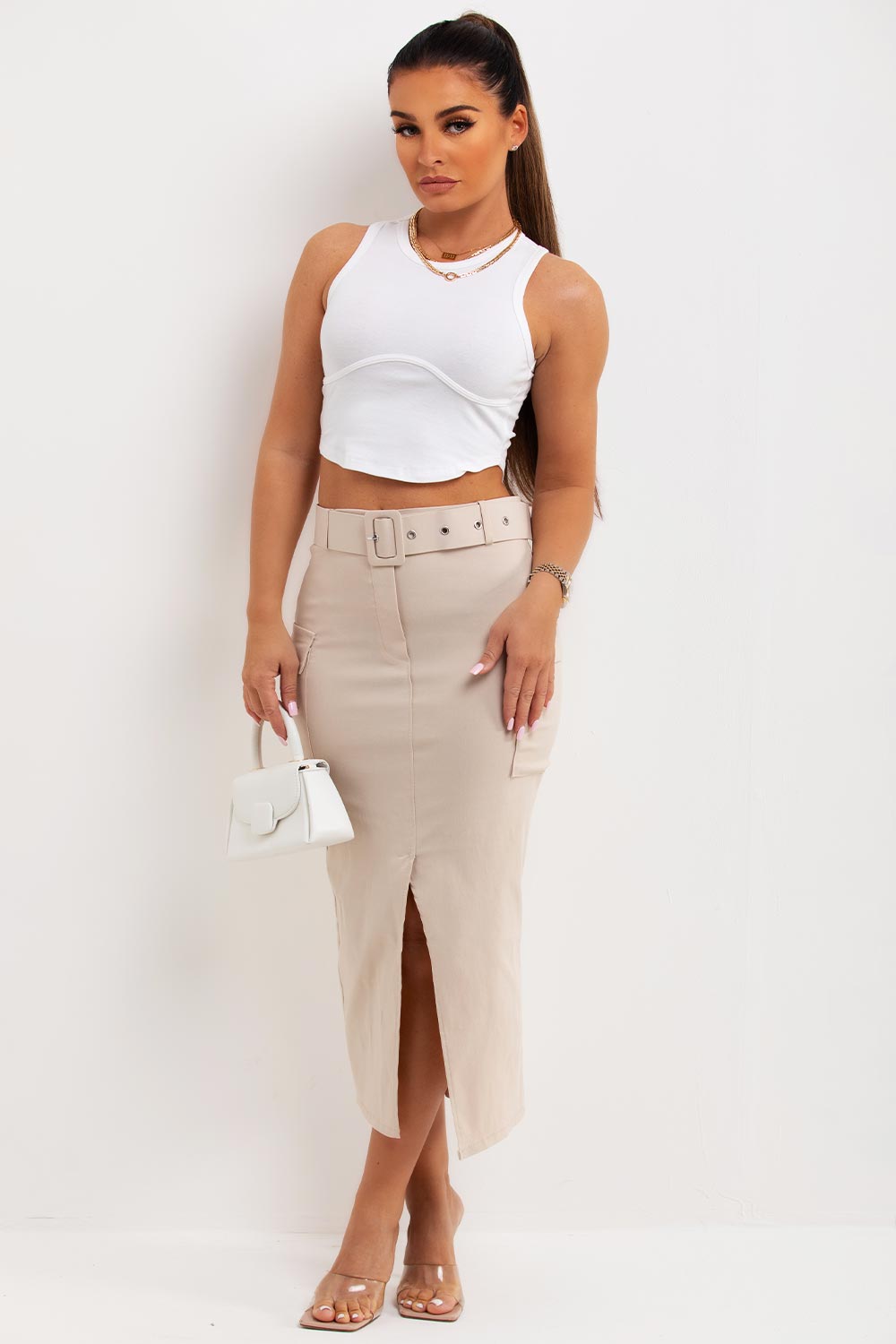 womens cargo midi skirt with belt