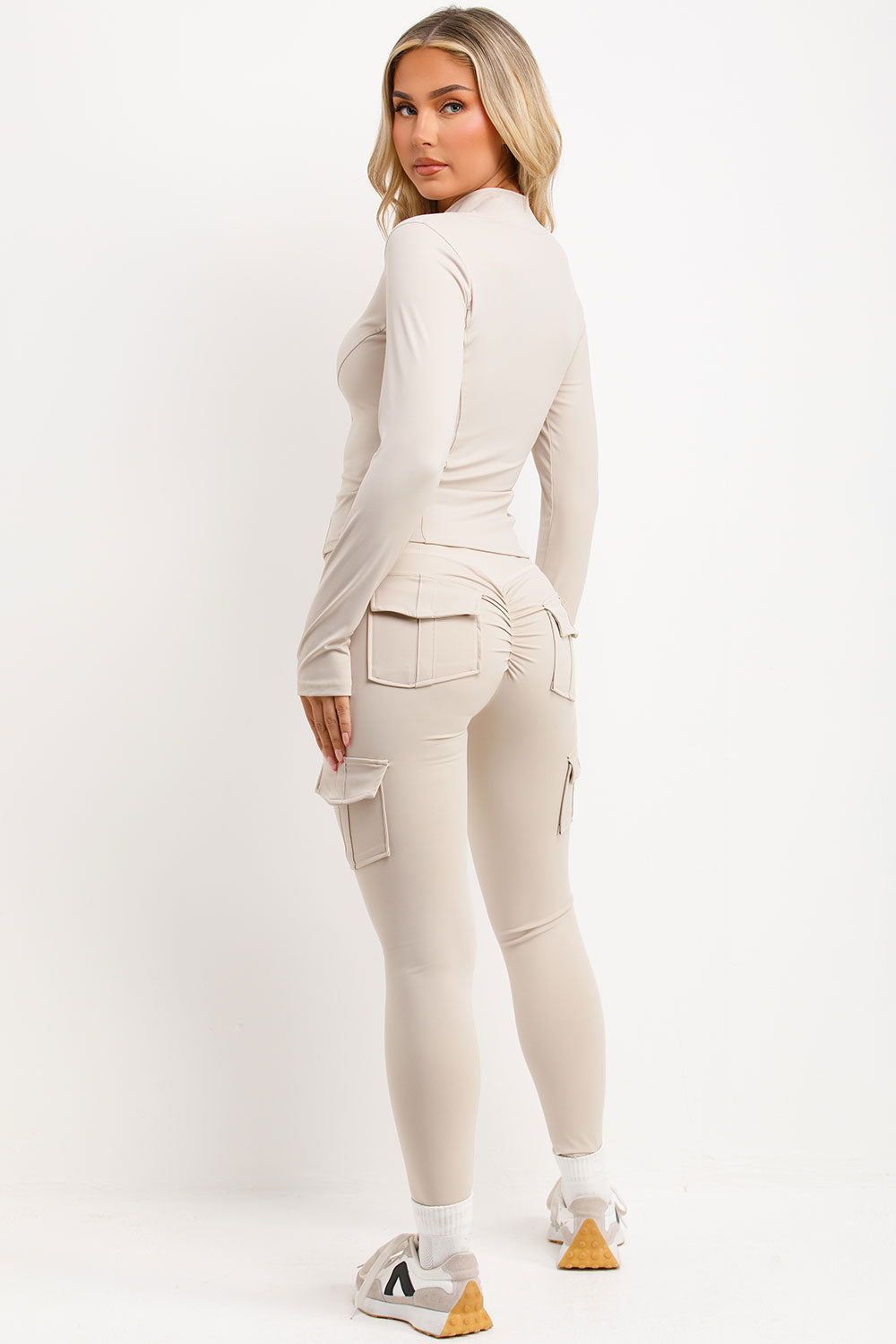 full zip sports track jacket and ruched scrunch bum leggings two piece co ord set womens uk