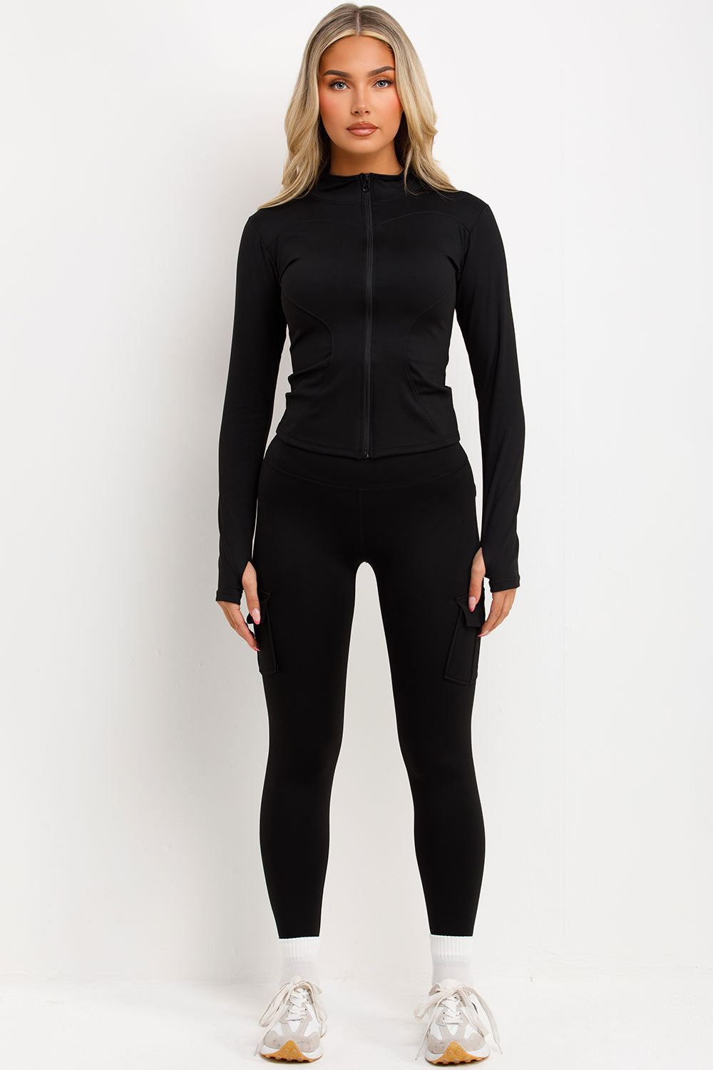 womens zip up jacket and ruched scrunch bum leggings two piece set