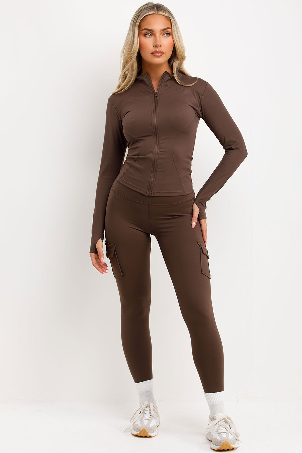womens zip up sports jacket and ruched scrunch bum leggings two piece set