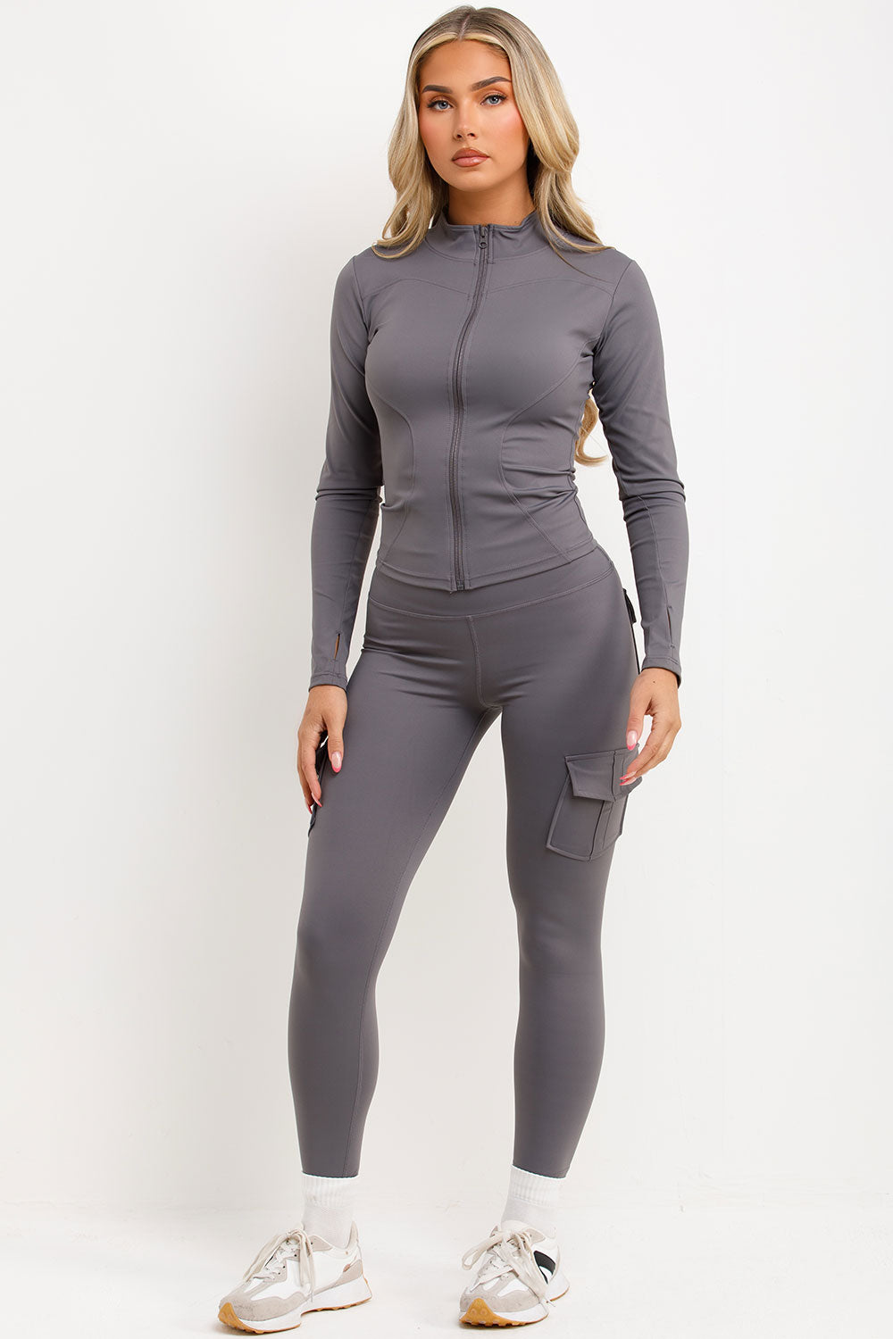 womens zip up sports jacket and ruched scrunch bum leggings two piece set