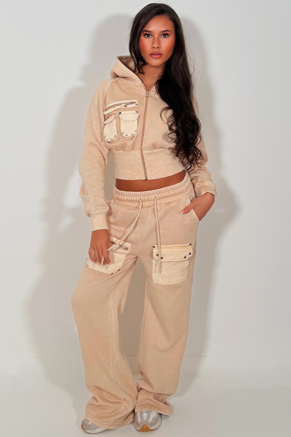 womens wide leg joggers and crop zip through hoodie co ord lounge set with pockets airport outfit styledup