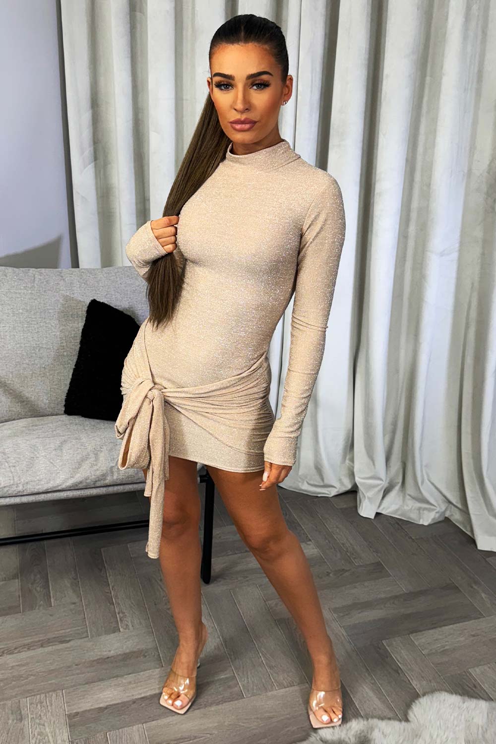 sparkly long sleeve knot dress going out christmas party new year outfit