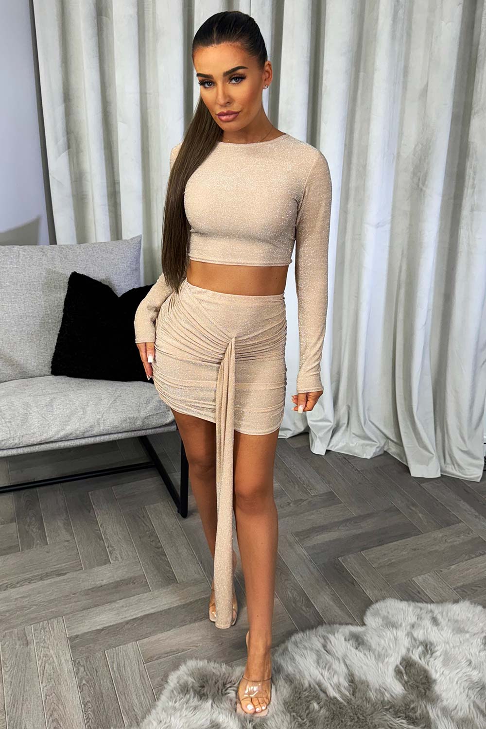 womens sparkly sequin top and drape skirt two piece going out co ord set