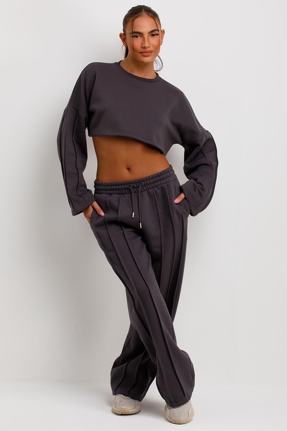 womens tracksuit crop sweatshirt and wide leg joggers set