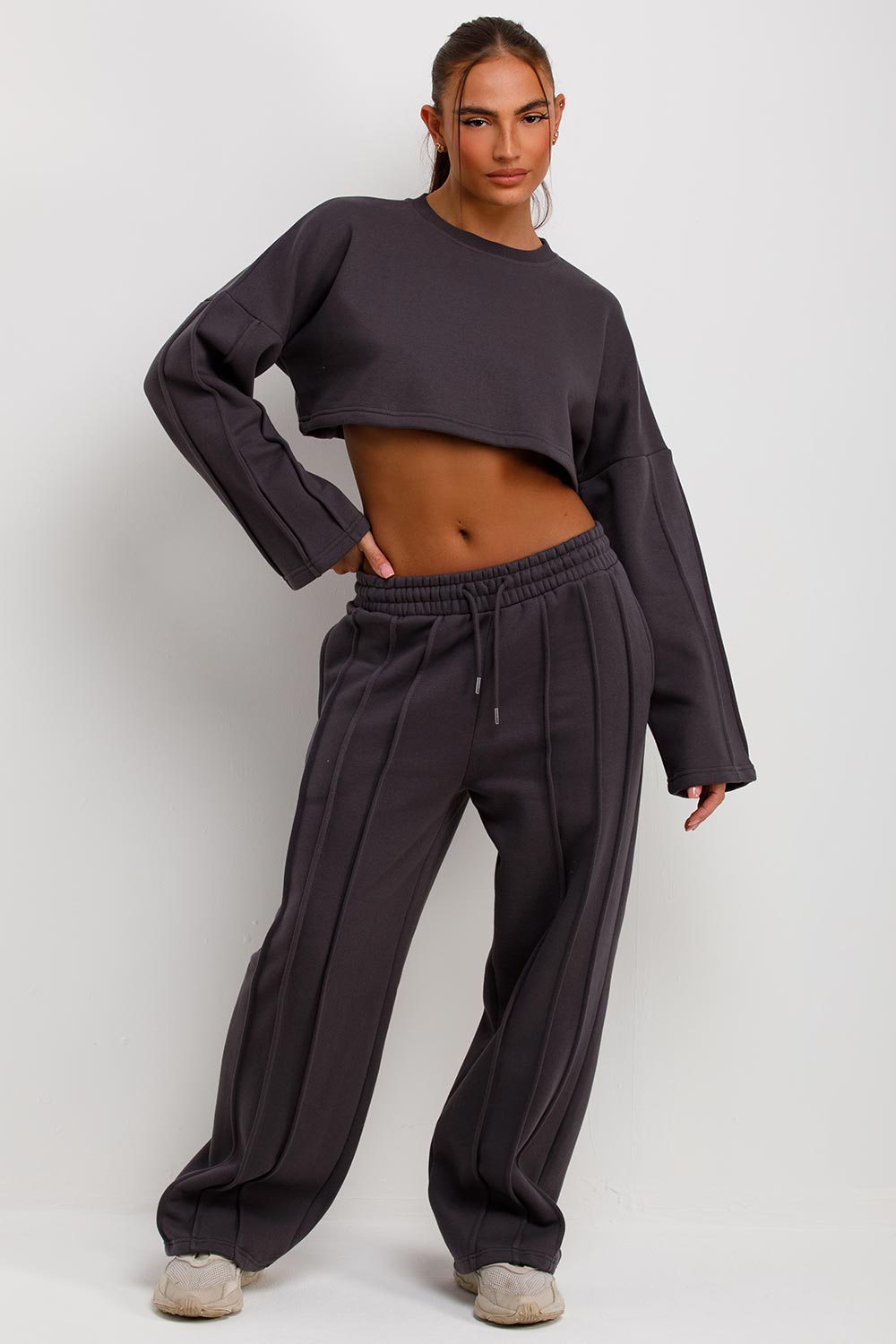 womens crop sweatshirt and wide leg joggers tracksuit set
