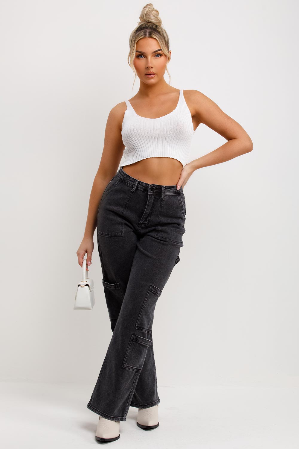 womens cargo jeans with pockets charcoal grey