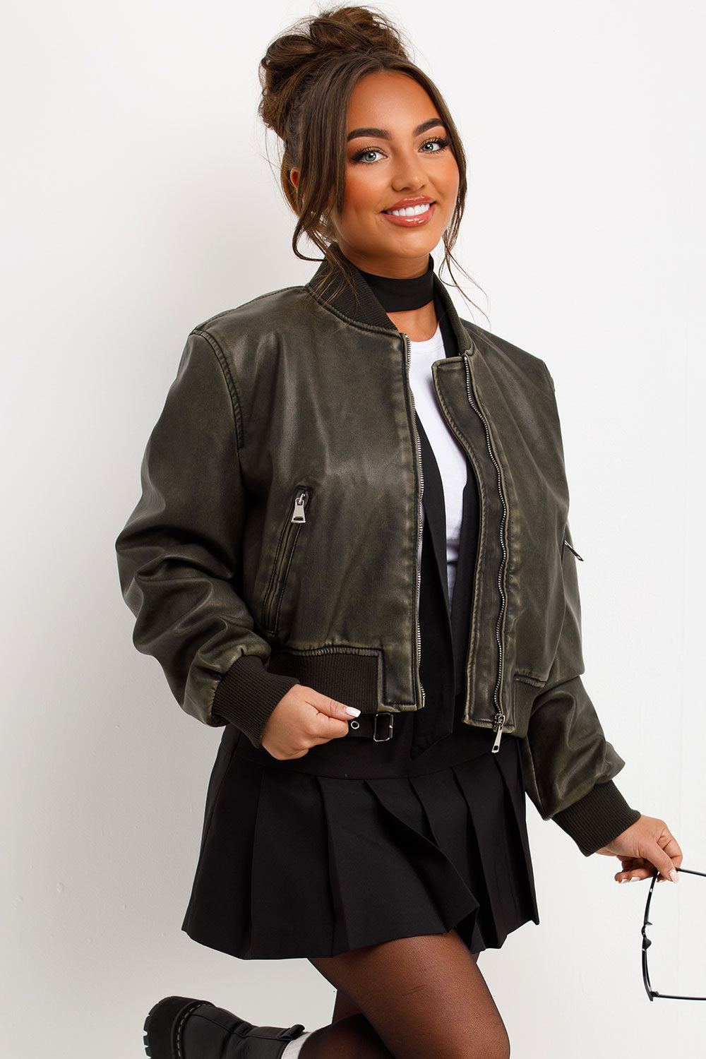 womens faux leather bomber jacket styledup