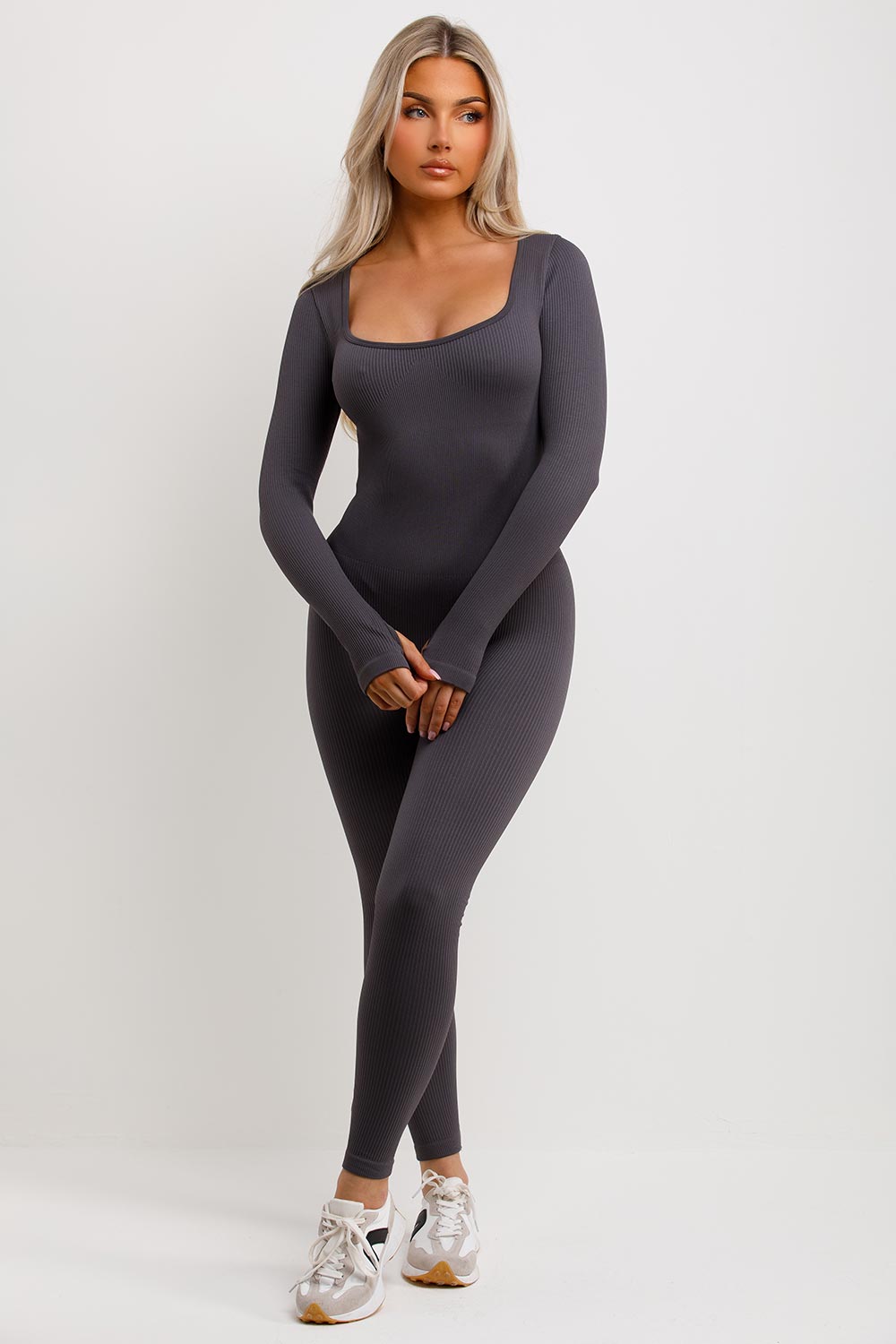 contour rib long sleeve jumpsuit with scrunch bum square neckline