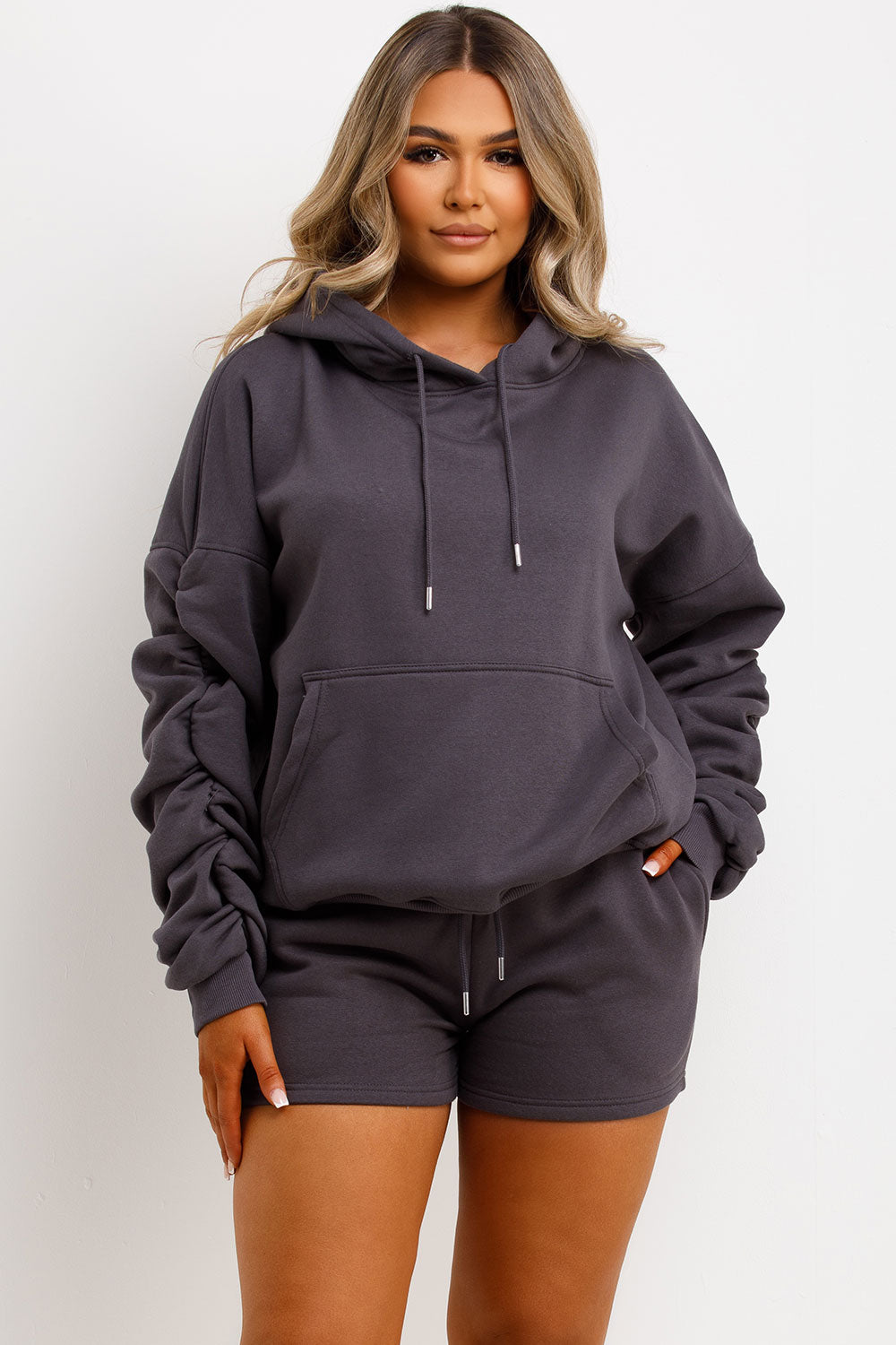 short and hoodie tracksuit loungewear womens airport outfit