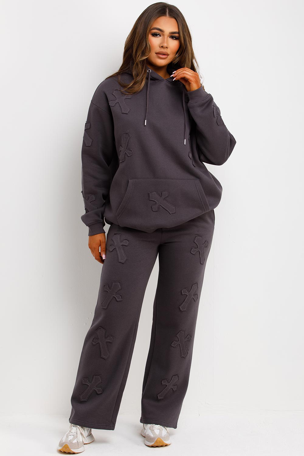 cross patch hoodie and joggers tracksuit set womens crucifix loungewear co ord styledup uk