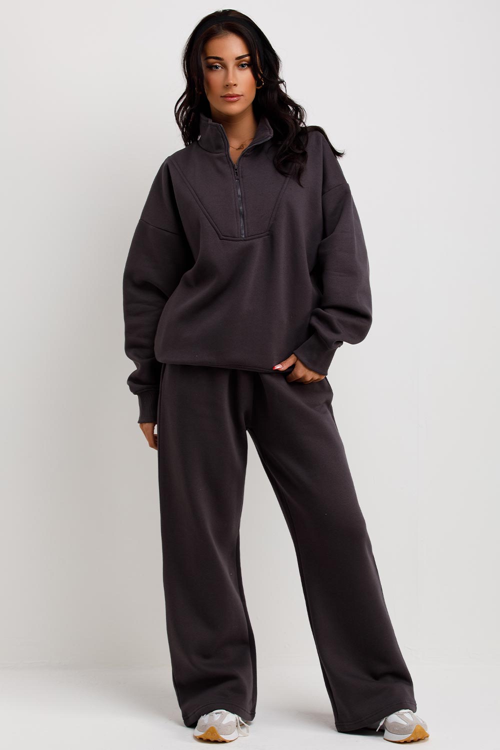 womens half zip sweatshirt and joggers tracksuit set airport outfit