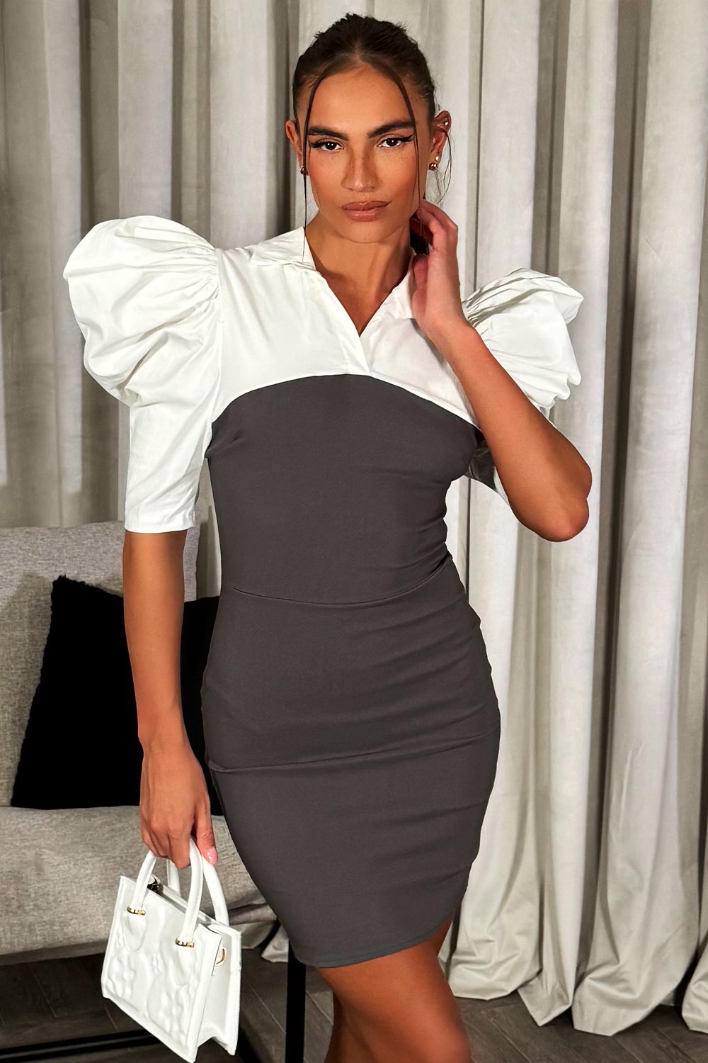 puff shoulder collar bodycon dress