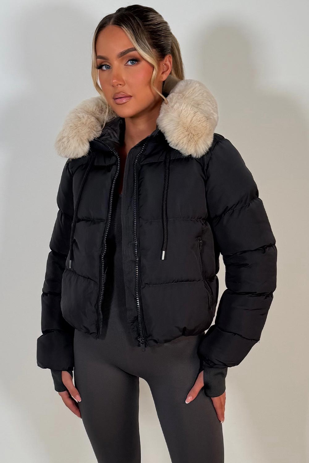 womens padded puffer jacket with fur hood styledup uk