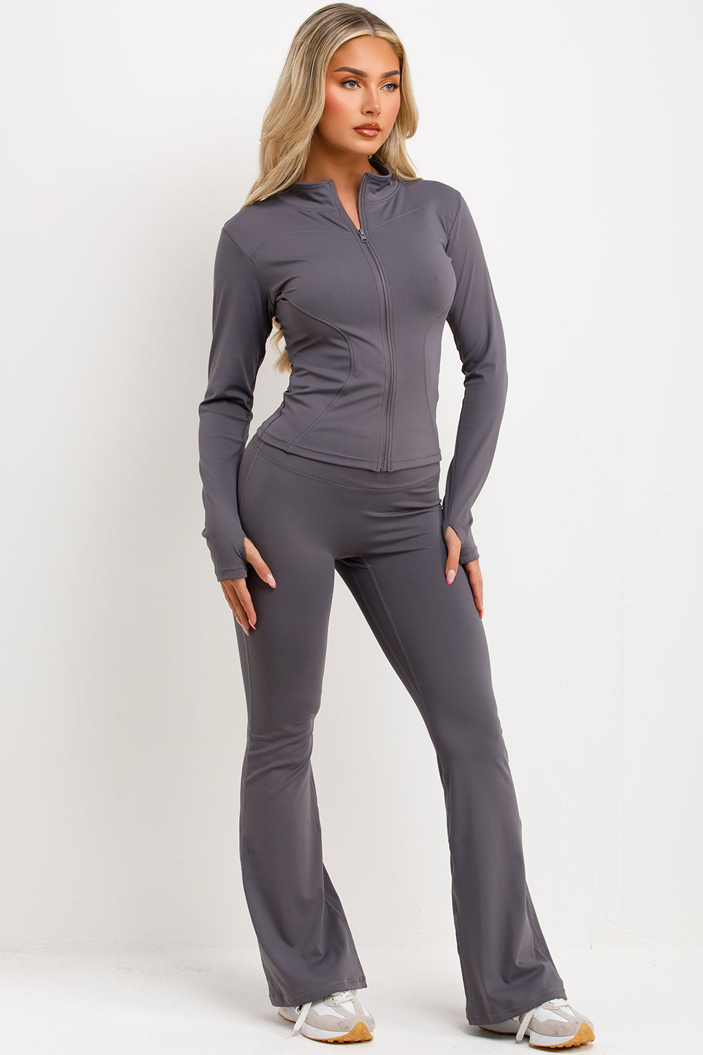 ruched scrunch bum skinny flare trousers and zip up sports jacket two piece set grey