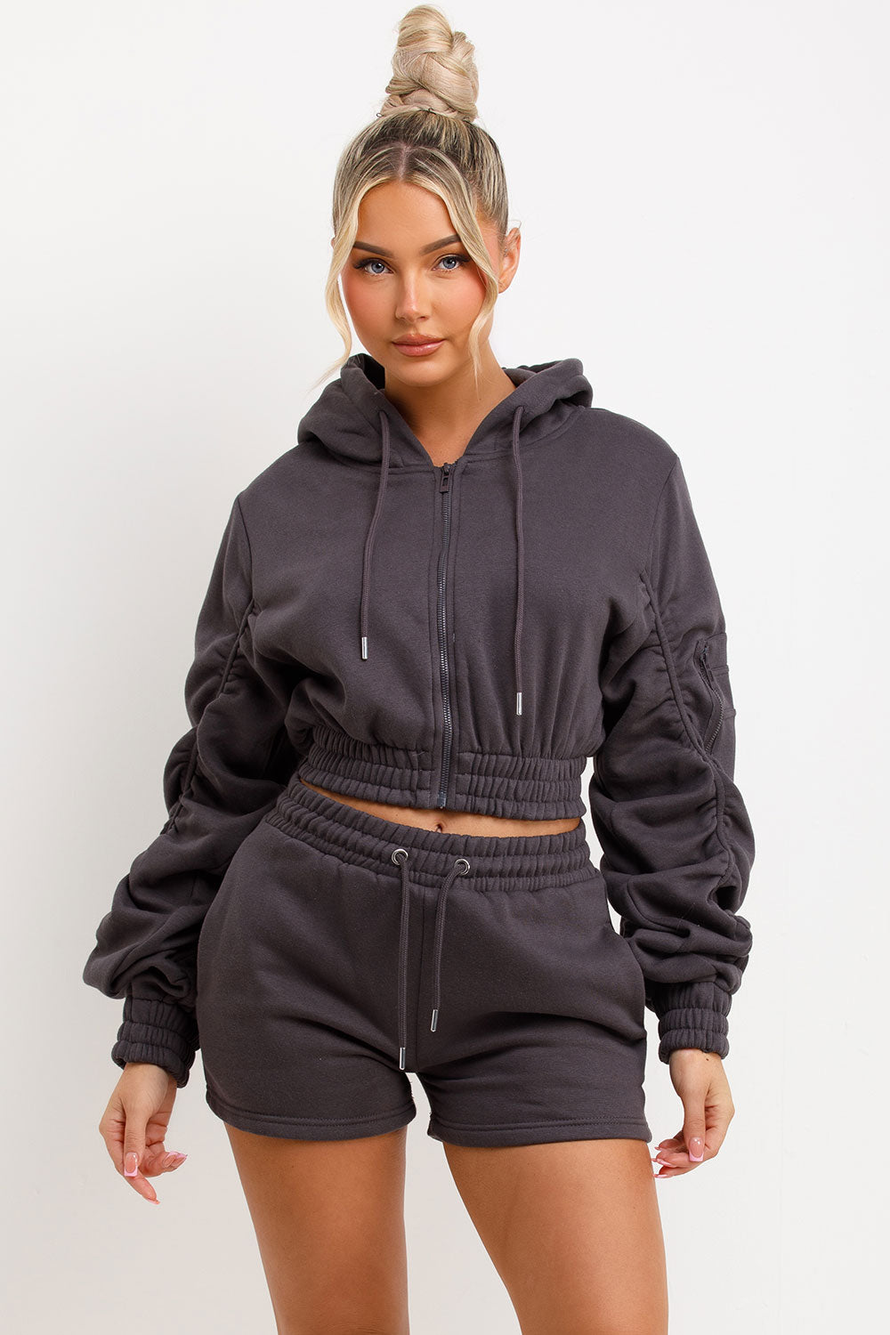 womens short tracksuit with ruched sleeves uk