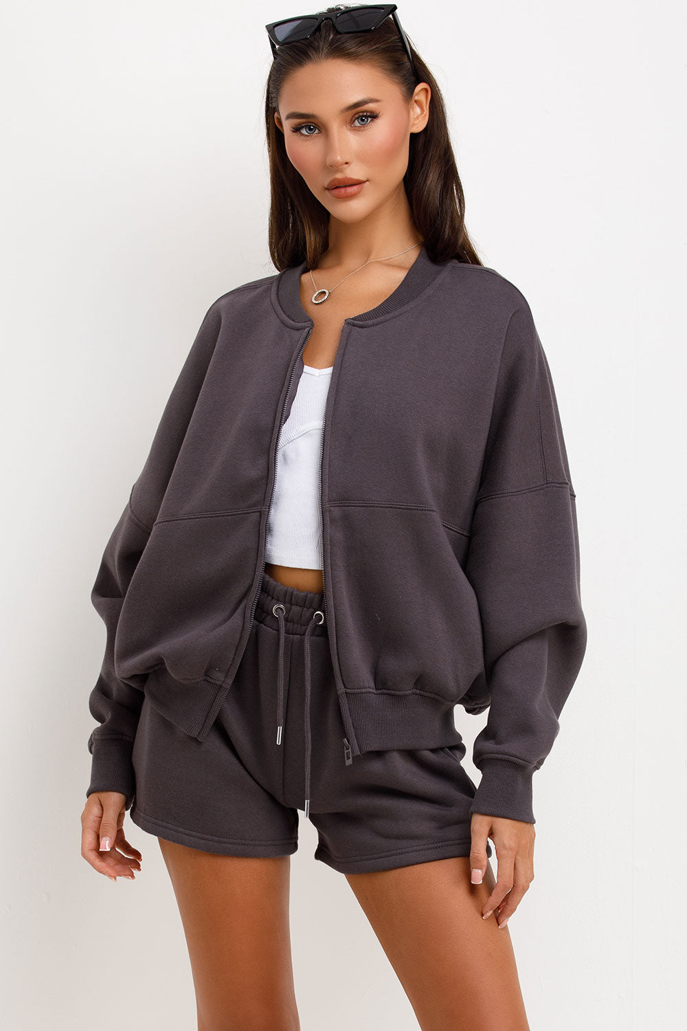 womens short tracksuit bomber jacket and shorts lounge set airport outfit