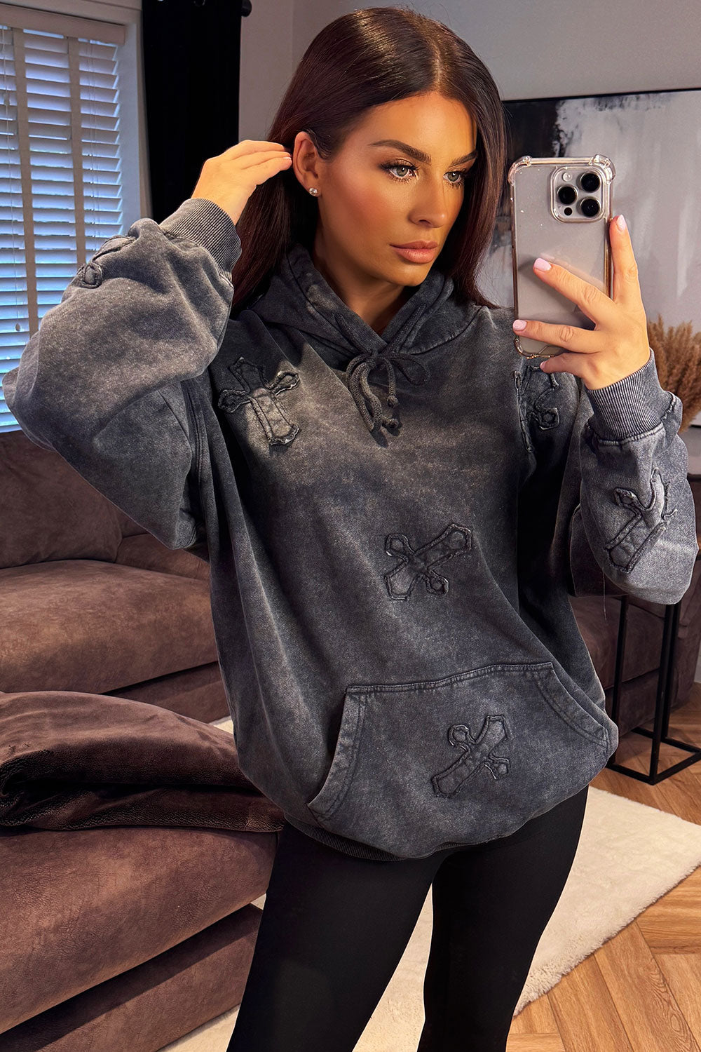 hoodie with distressed crosses acid wash