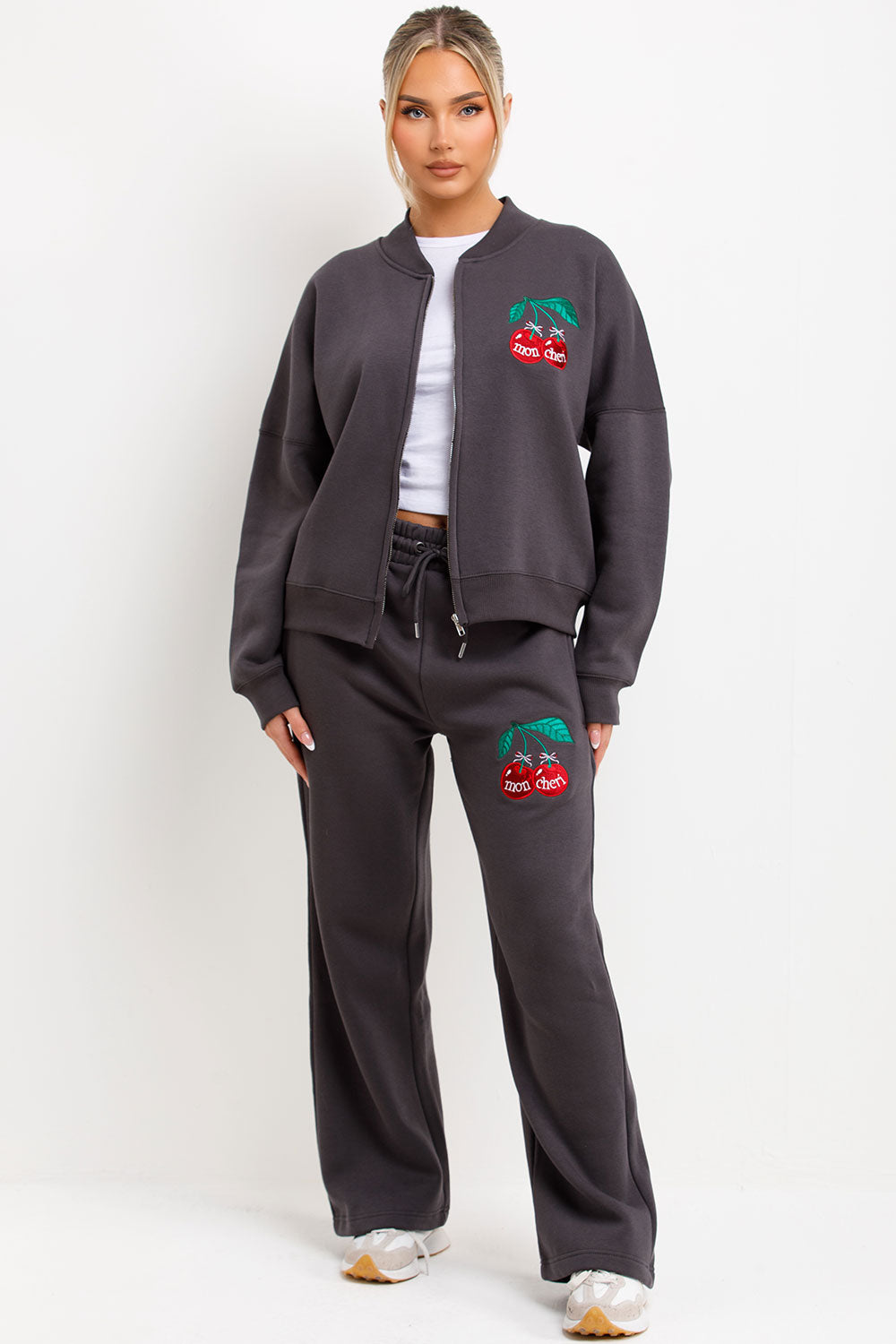 womens zara bomber sweatshirt and straight leg joggers loungewear set with mon cheri embroidery