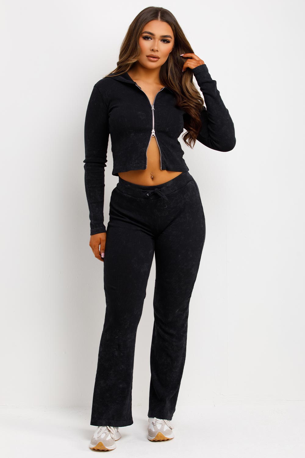 zip front crop hoodie and trousers loungewear set charcoal acid wash