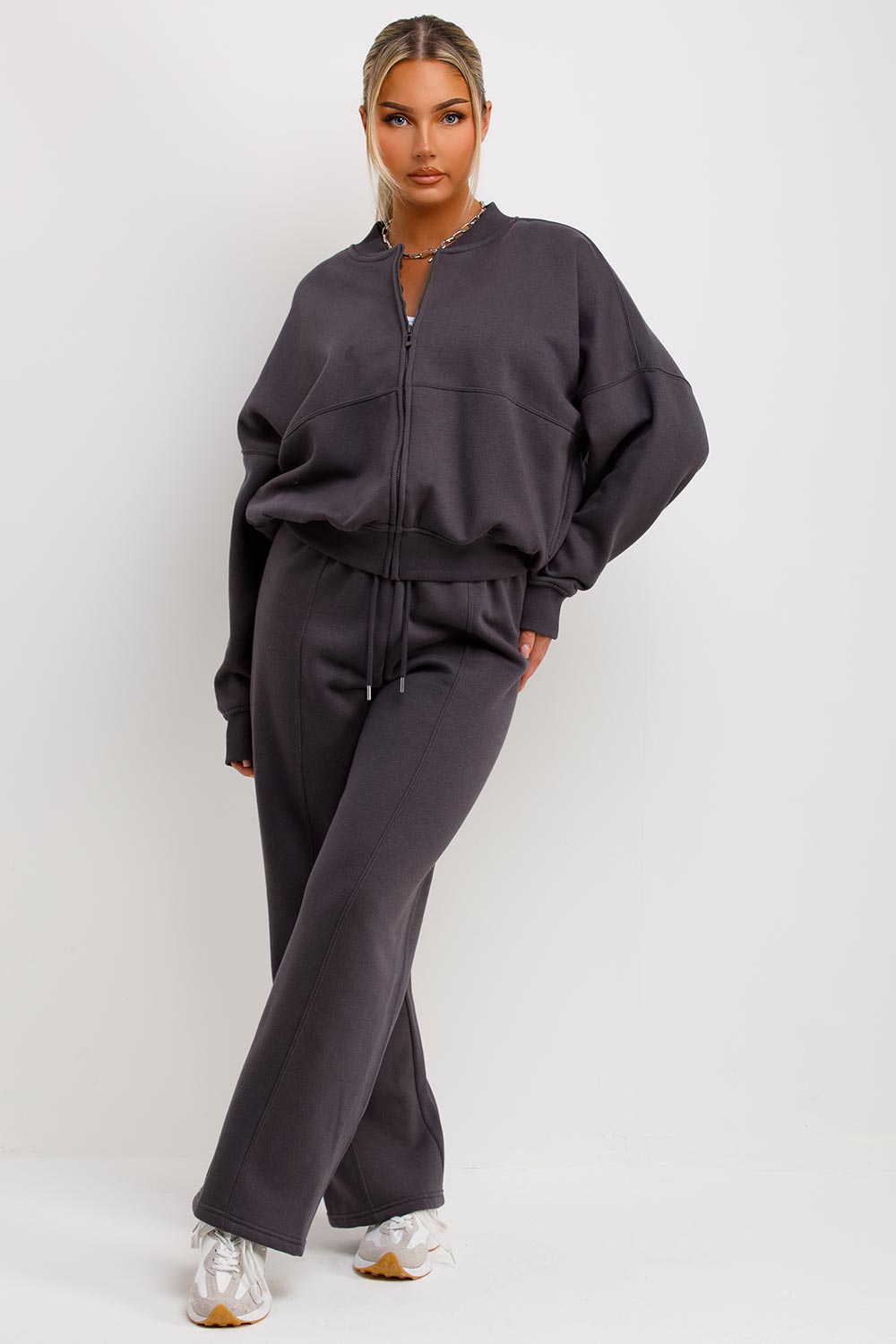 bomber sweatshirt and straight leg joggers tracksuit set