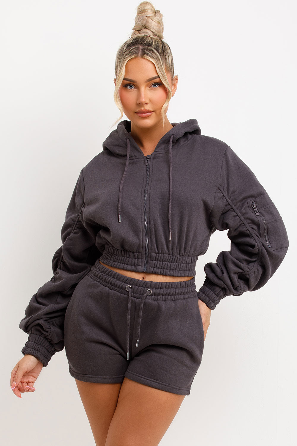womens crop zip up hoodie with ruched sleeves and shorts tracksuit set