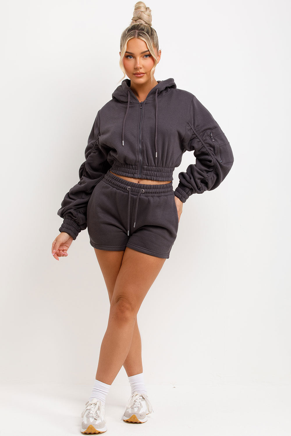 ruched sleeve crop zip hoodie and shorts tracksuit set womens