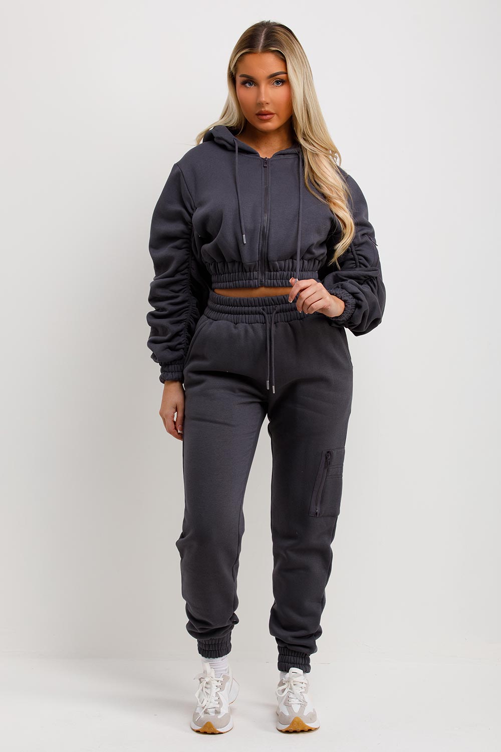 womens ruched sleeve crop hoodie and joggers tracksuit set