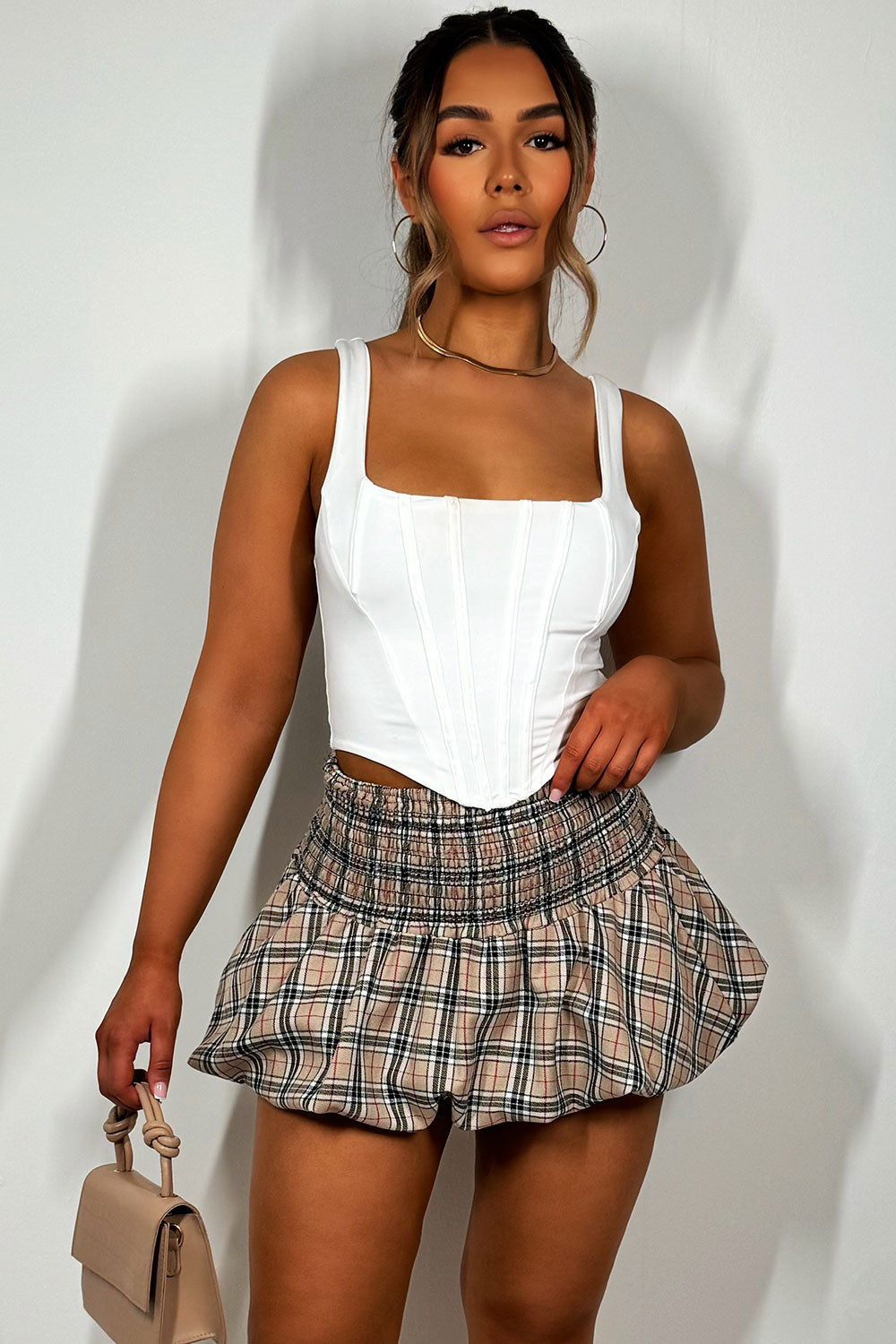 festival puffball mini skirt with shirred waist styled up
