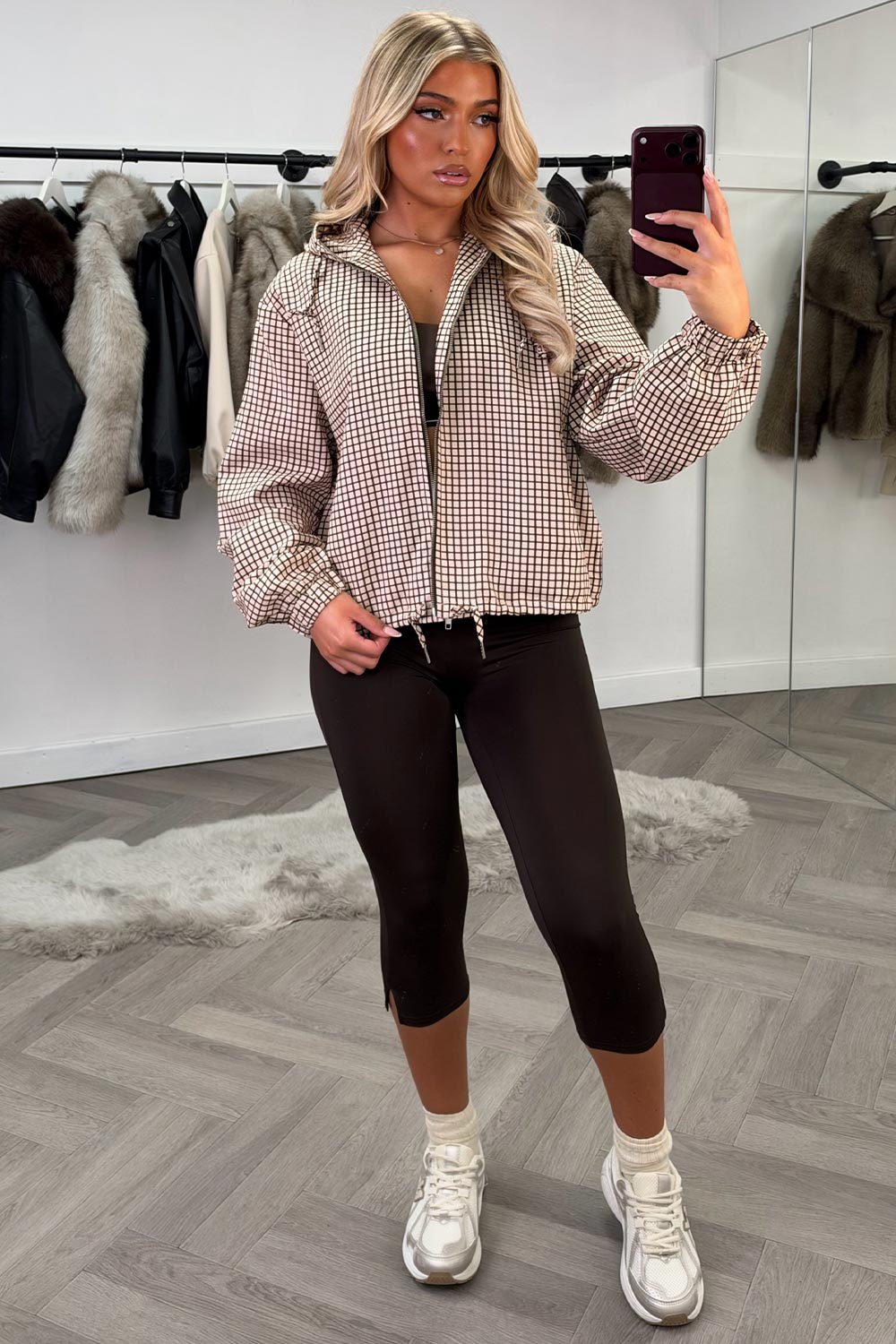womens hooded checked jacket brown styledup uk