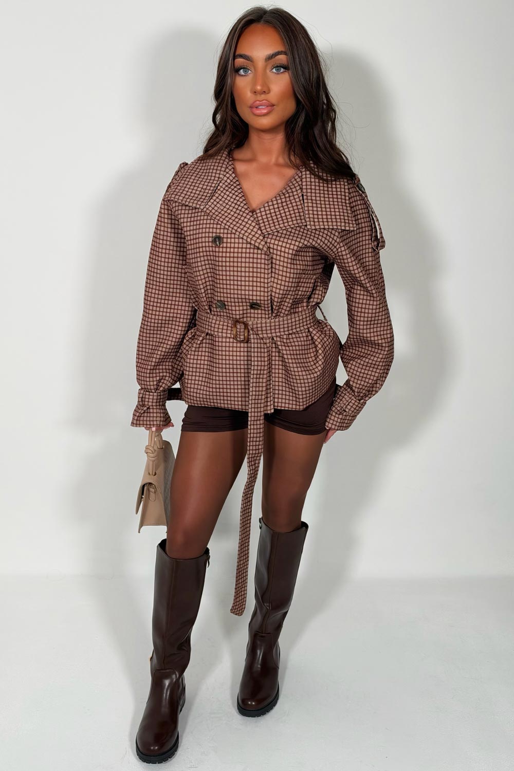 womens cropped checkered trench jacket with belt styledup uk