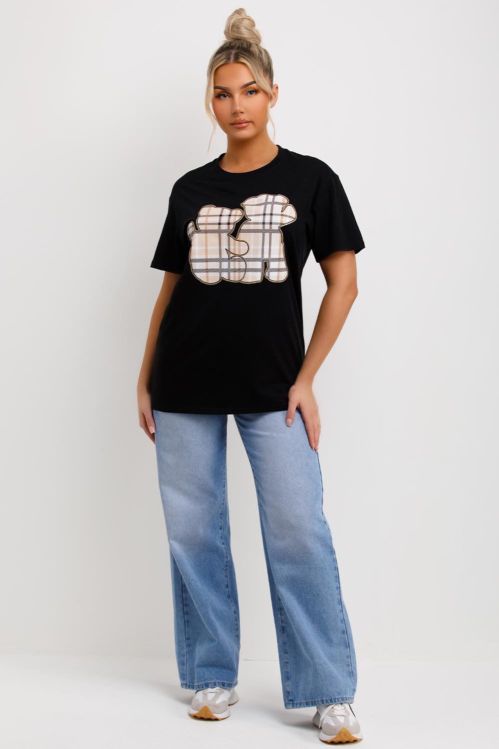 teddy bear print black t shirt womens