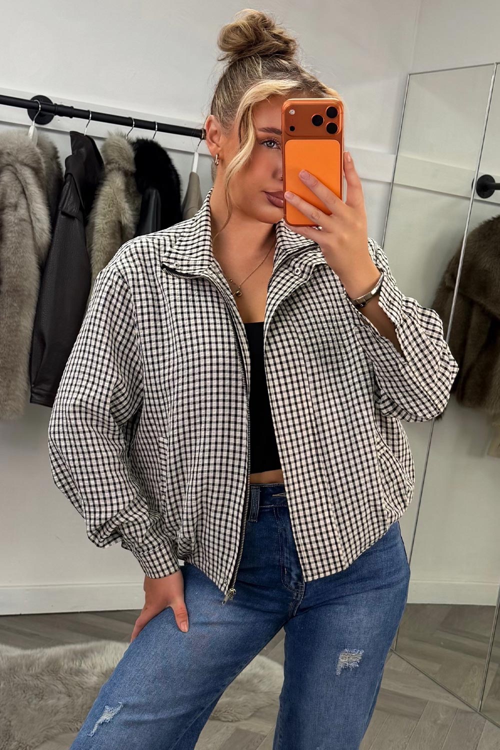 oversized autumn bomber jacket with long sleeves check print styledup uk