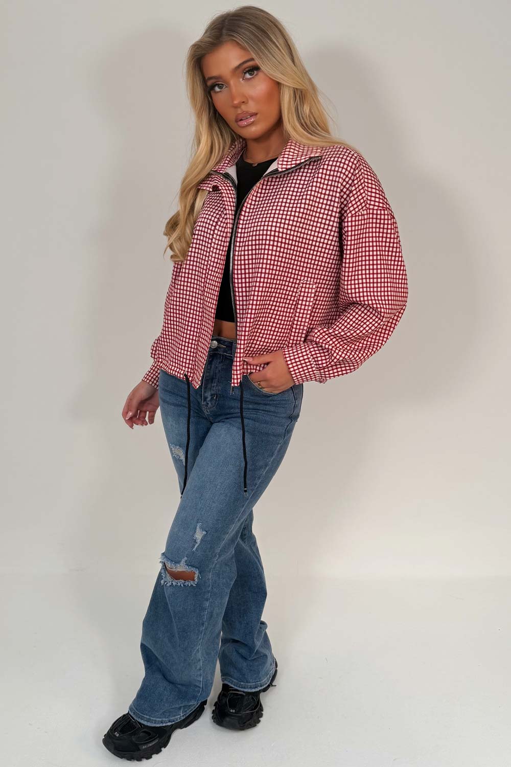 womens checked jacket with long sleeves drawstring hem styledup uk