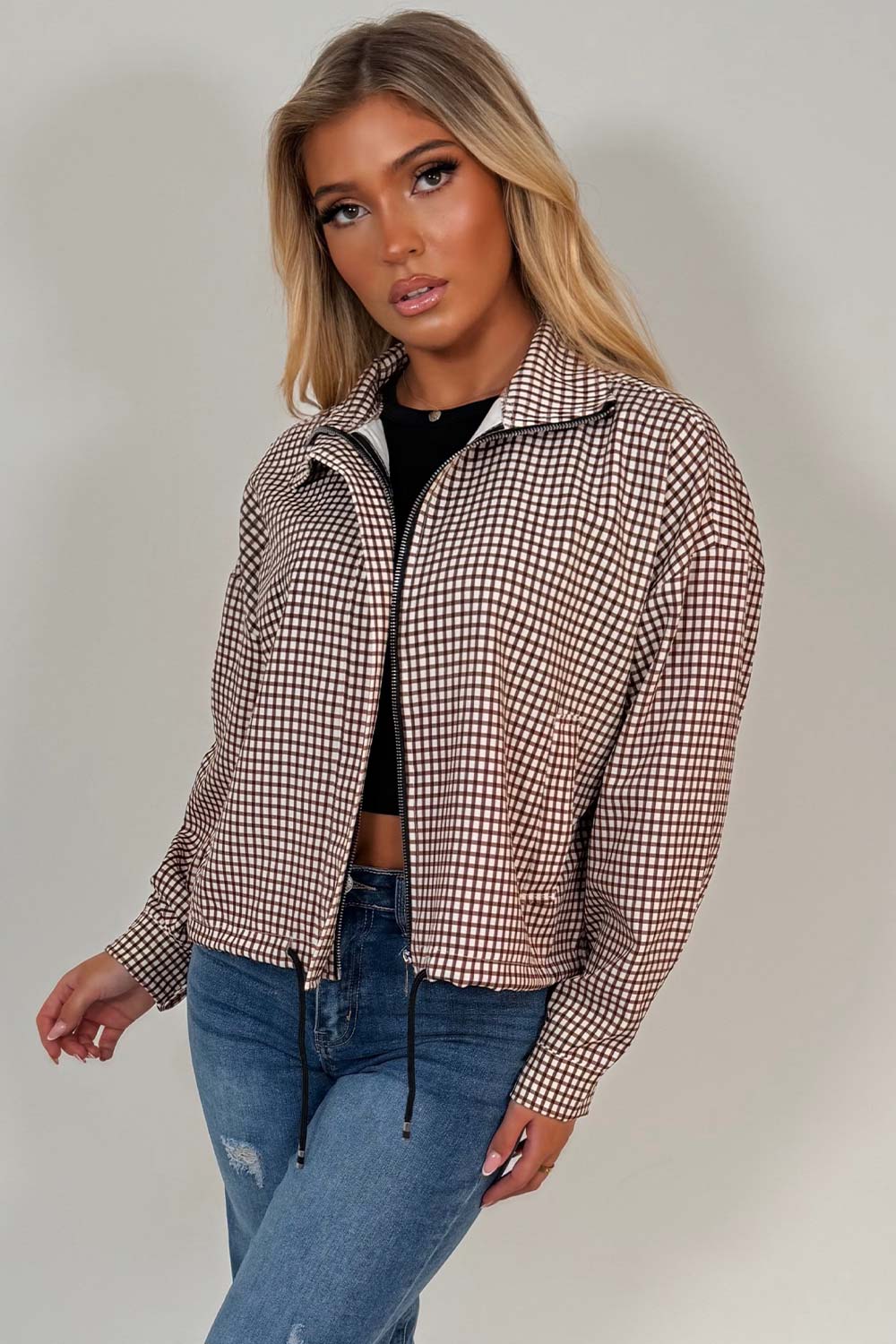 stradivarius checked technical jacket brown checked print styledup uk