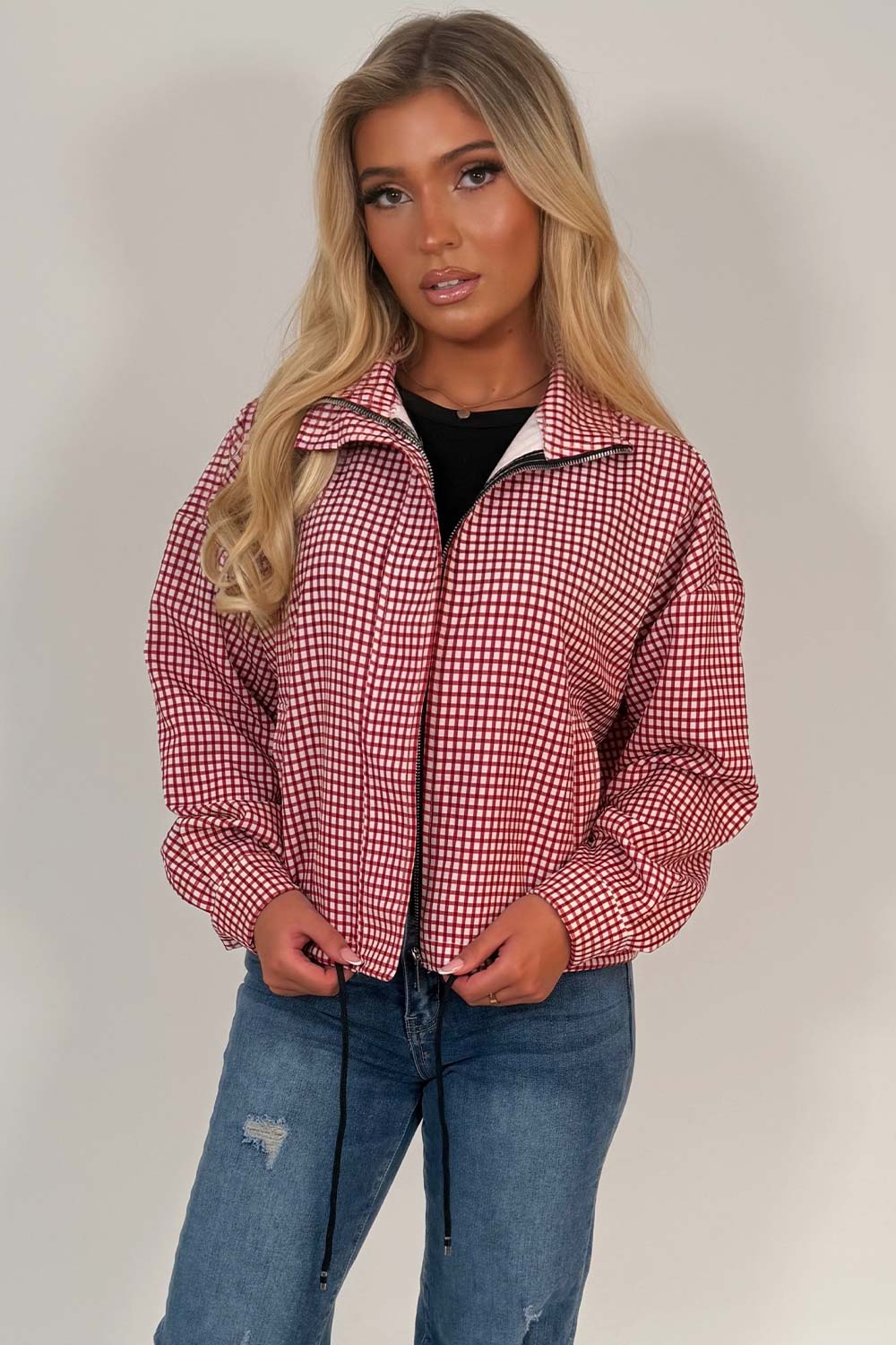 womens windbreaker red jacket check print stradivarius uk