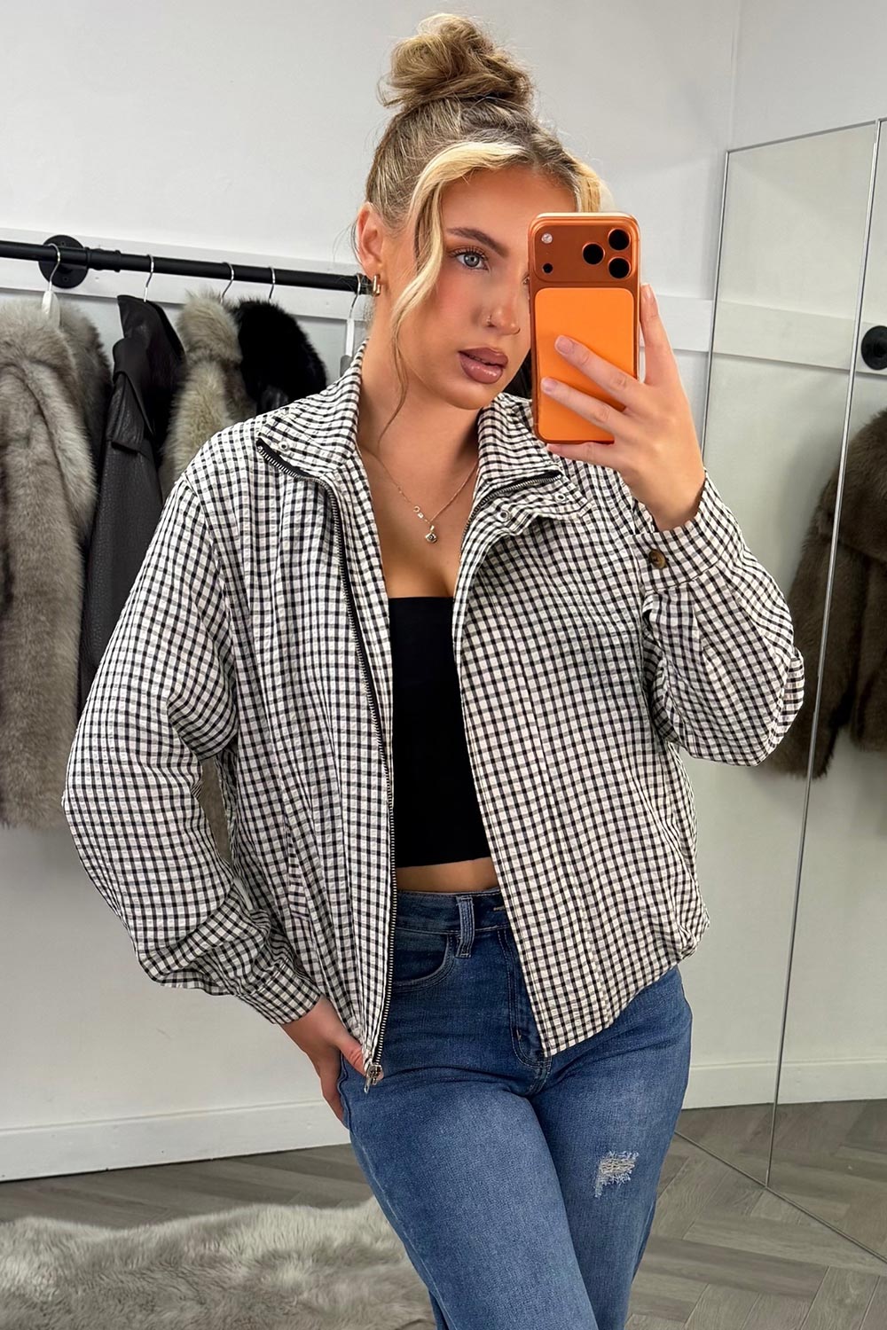 high neck oversized jacket checkered print styledup uk