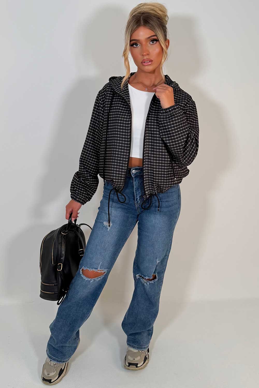 womens hooded checked jacket black styledup uk