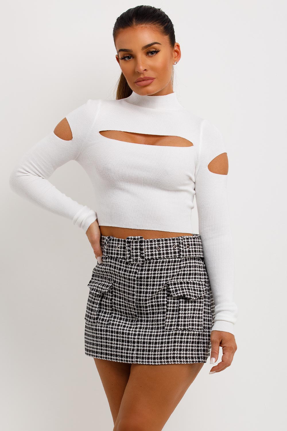 skorts with belt black and white dogtooth