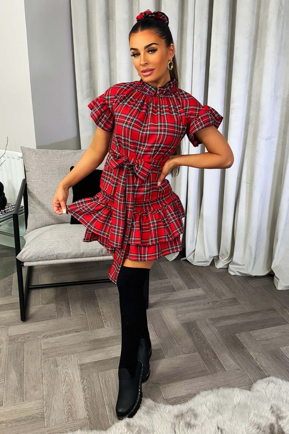 red check rara skirt and frilly top with matching scrunchie set christmas party outfit